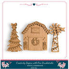 A wooden barn with a windmill and a Christmas tree, all decorated with lights and ornaments, is featured in the image.