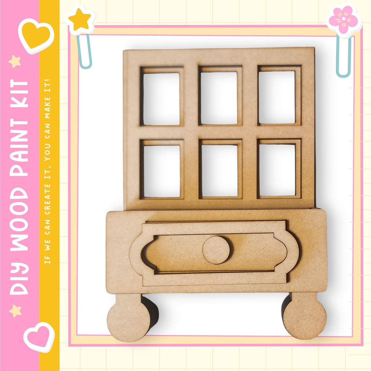 a wooden cabinet with six square panels, likely intended as a DIY paint kit for creating a wooden cabinet.