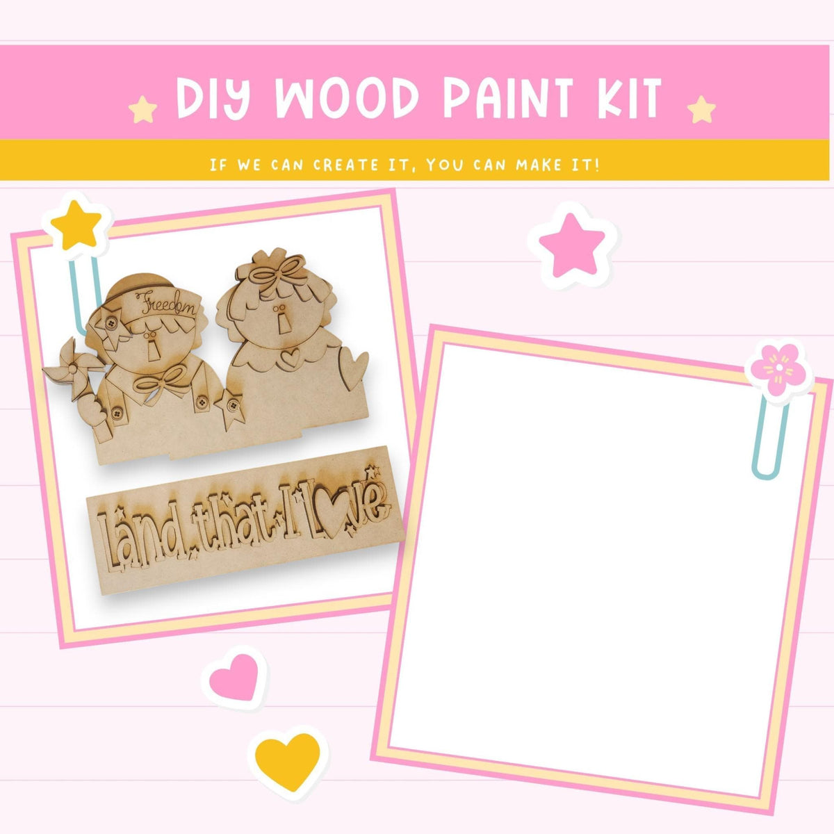 The image is a DIY wood paint kit with a pink background and a white border. It features a wooden cutout of two children, a wooden sign with the phrase "Land that I love", and various decorative elements such as hearts and stars.