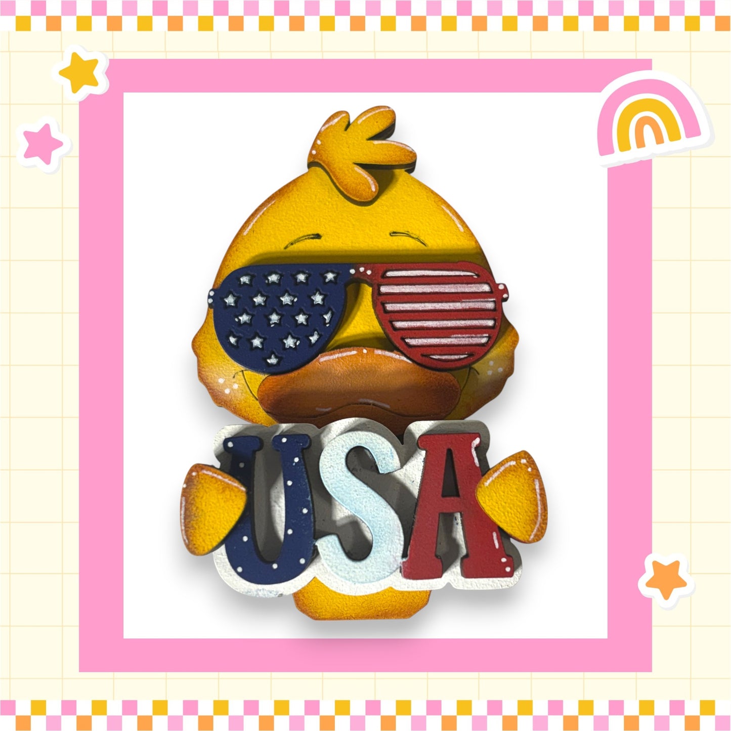 A cartoon duck wearing sunglasses and holding the word "USA" in its beak.
