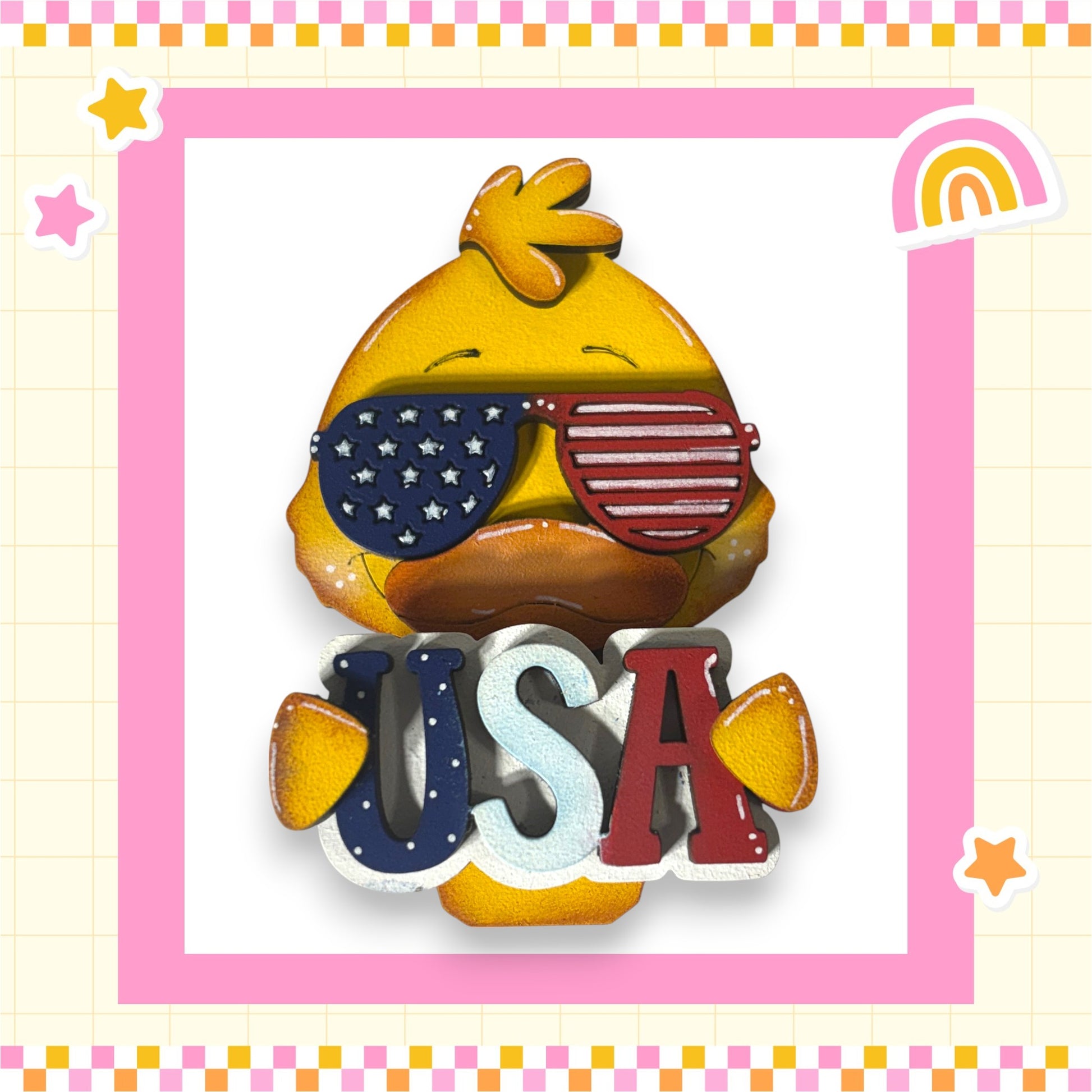 A cartoon duck wearing sunglasses and holding the word "USA" in its beak.