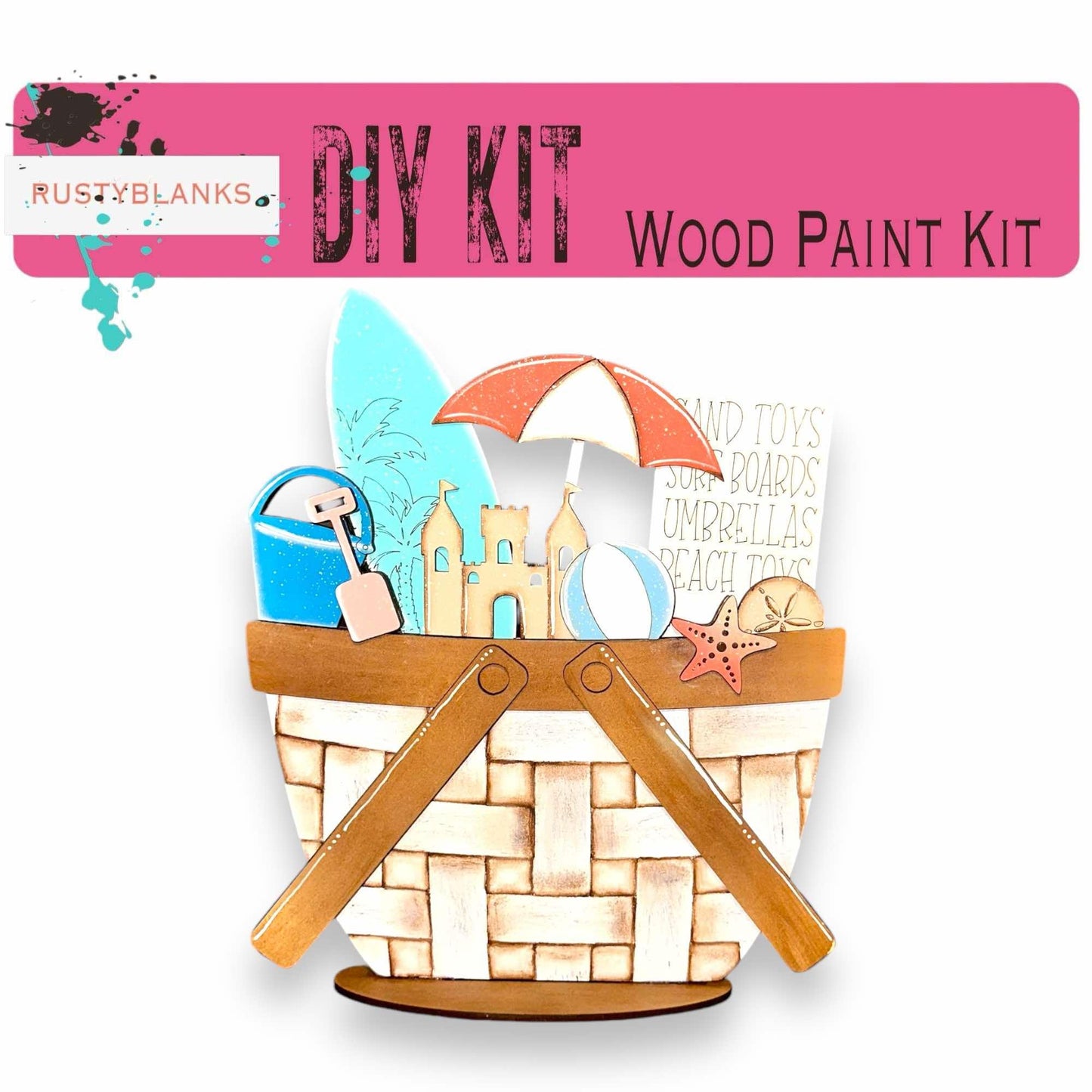 a wooden paint kit with a basket of items