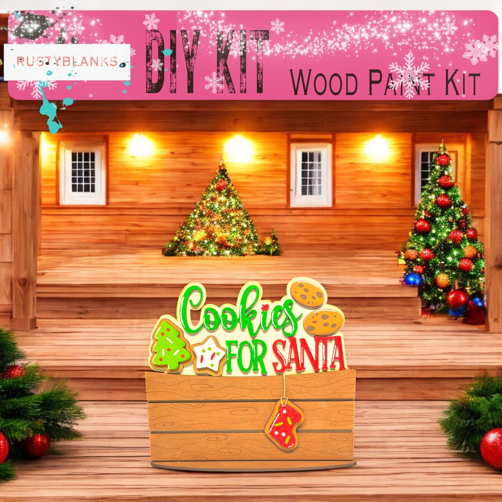 a wooden kit with a christmas tree and cookies for santa