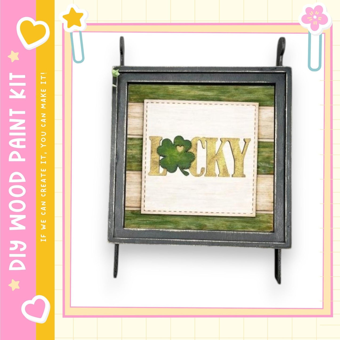 a framed picture with the word "Lucky" written on it, which appears to be a decorative piece.