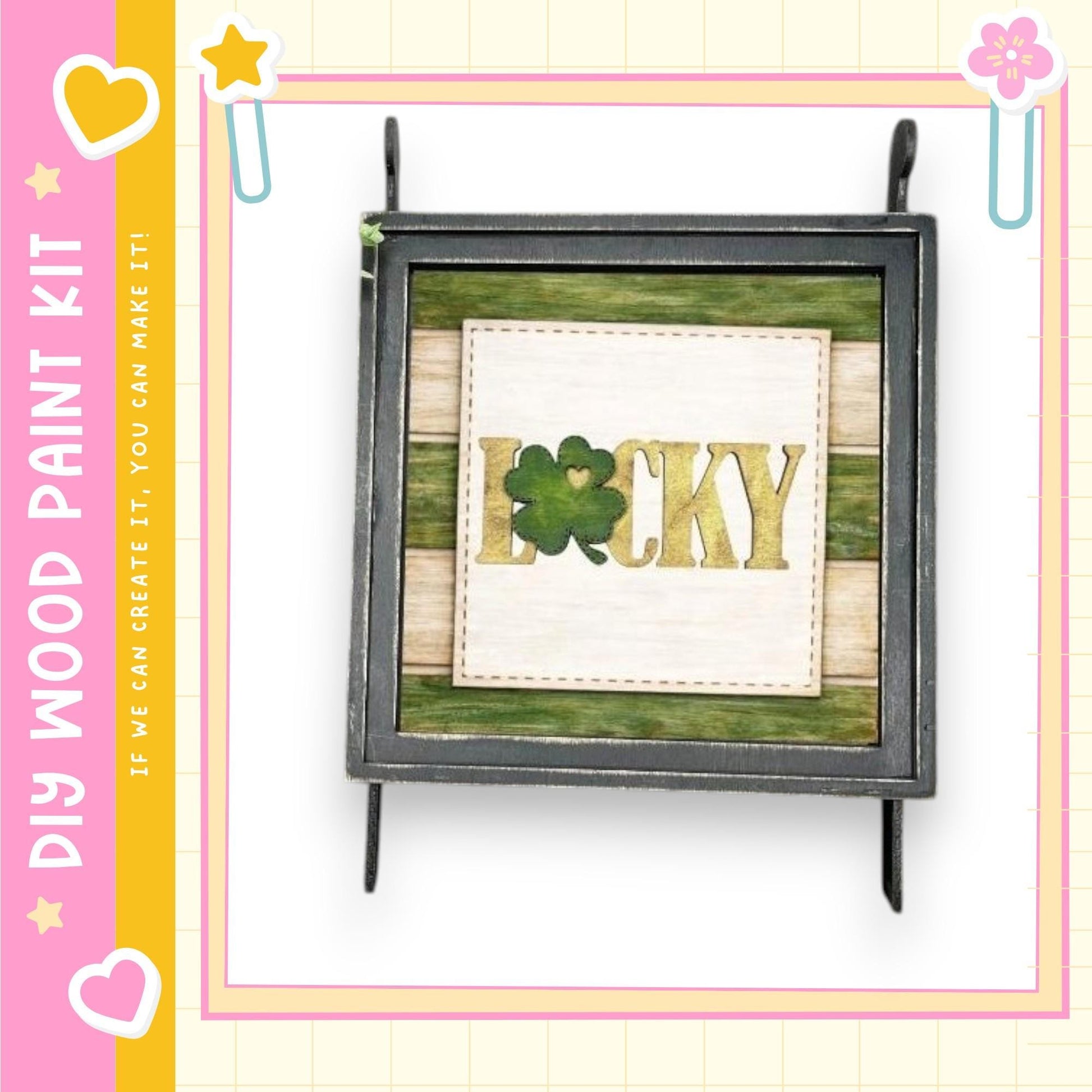 a framed picture with the word "Lucky" written on it, which appears to be a decorative piece.
