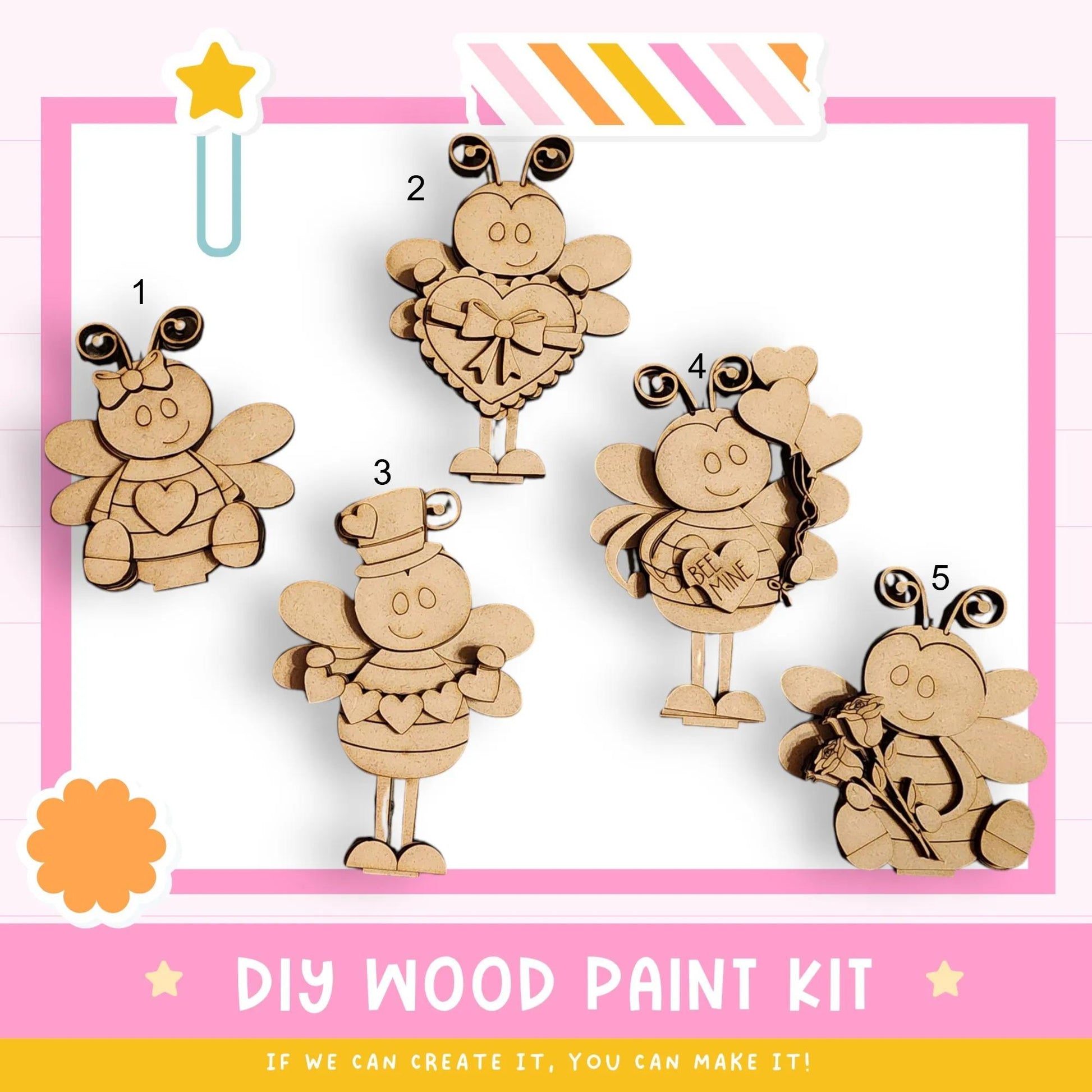 The image is a DIY wood paint kit featuring five wooden bee characters in various poses, including one holding a heart and another holding a bouquet of flowers. The kit appears to be made of wood and is designed for painting.