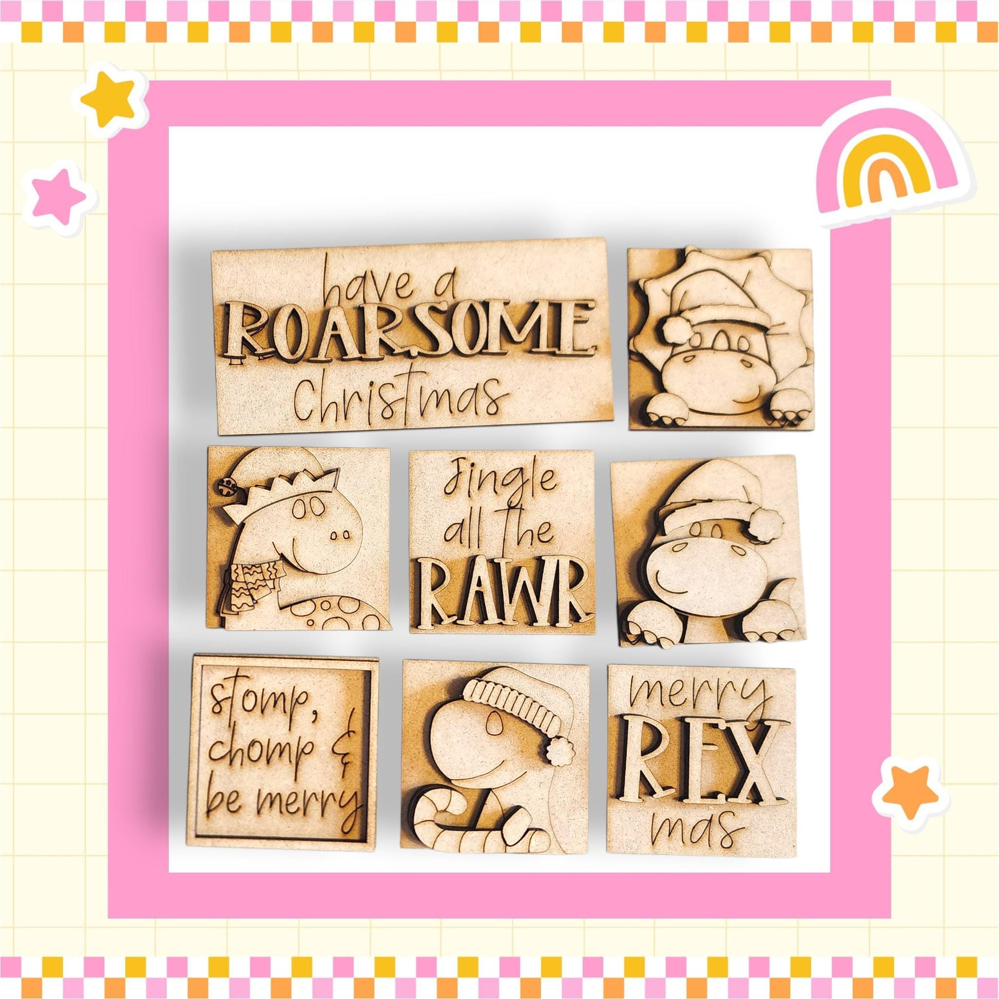 six wooden cutout shapes, each with a unique design and text, arranged in a grid-like pattern within a pink and yellow border.