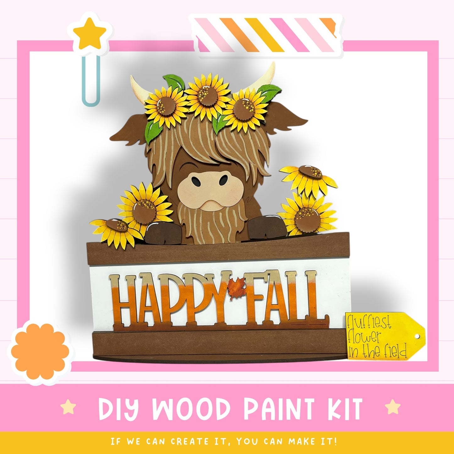 a wooden sign with a cow and sunflowers, along with a "Happy Fall" message. The sign is surrounded by a pink and white striped border, and there is a "DIY WOOD PAINT KIT" label at the bottom.