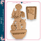 a DIY kit with a gingerbread man and a cookie holder, both made of wood and decorated with various shapes and designs.