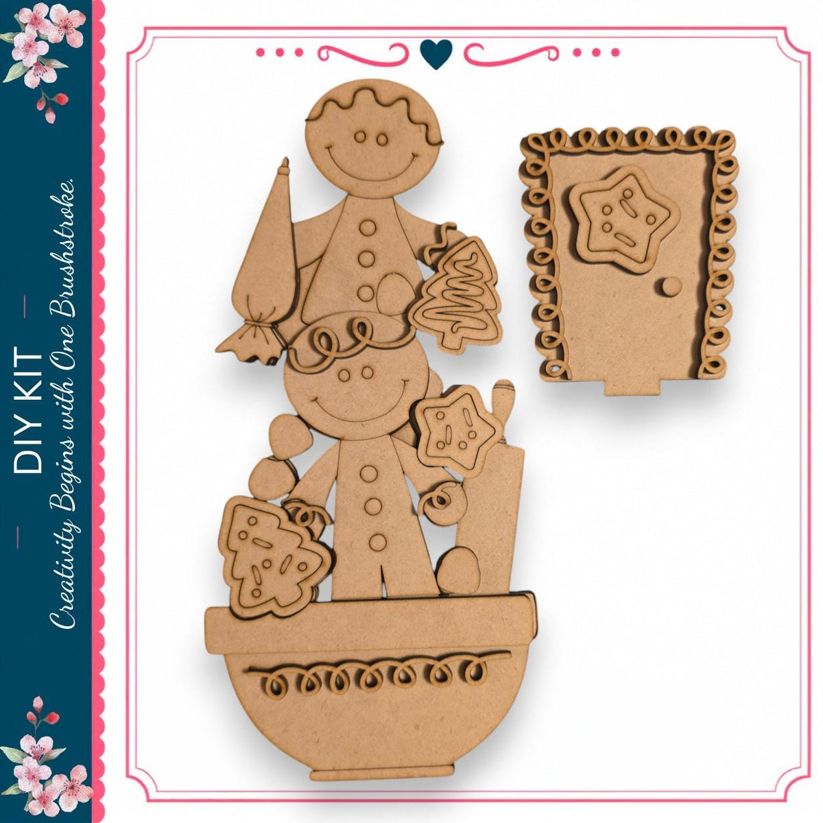 a DIY kit with a gingerbread man and a cookie holder, both made of wood and decorated with various shapes and designs.