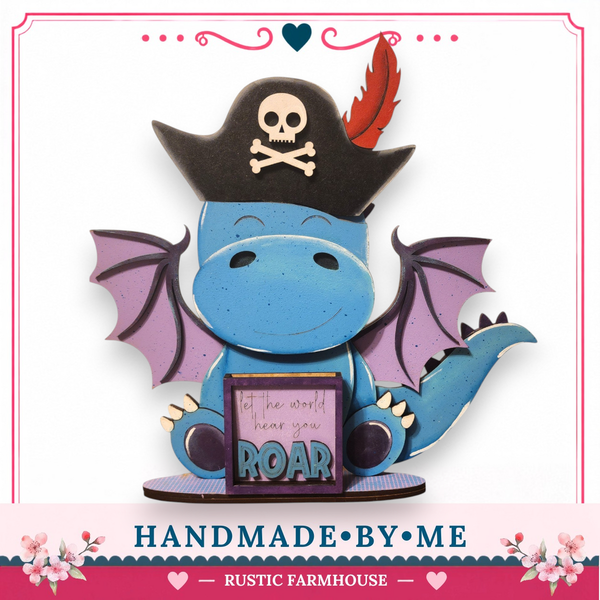A handcrafted wooden dragon statue with a pirate hat and a sign that says "It's the world, hear you roar".