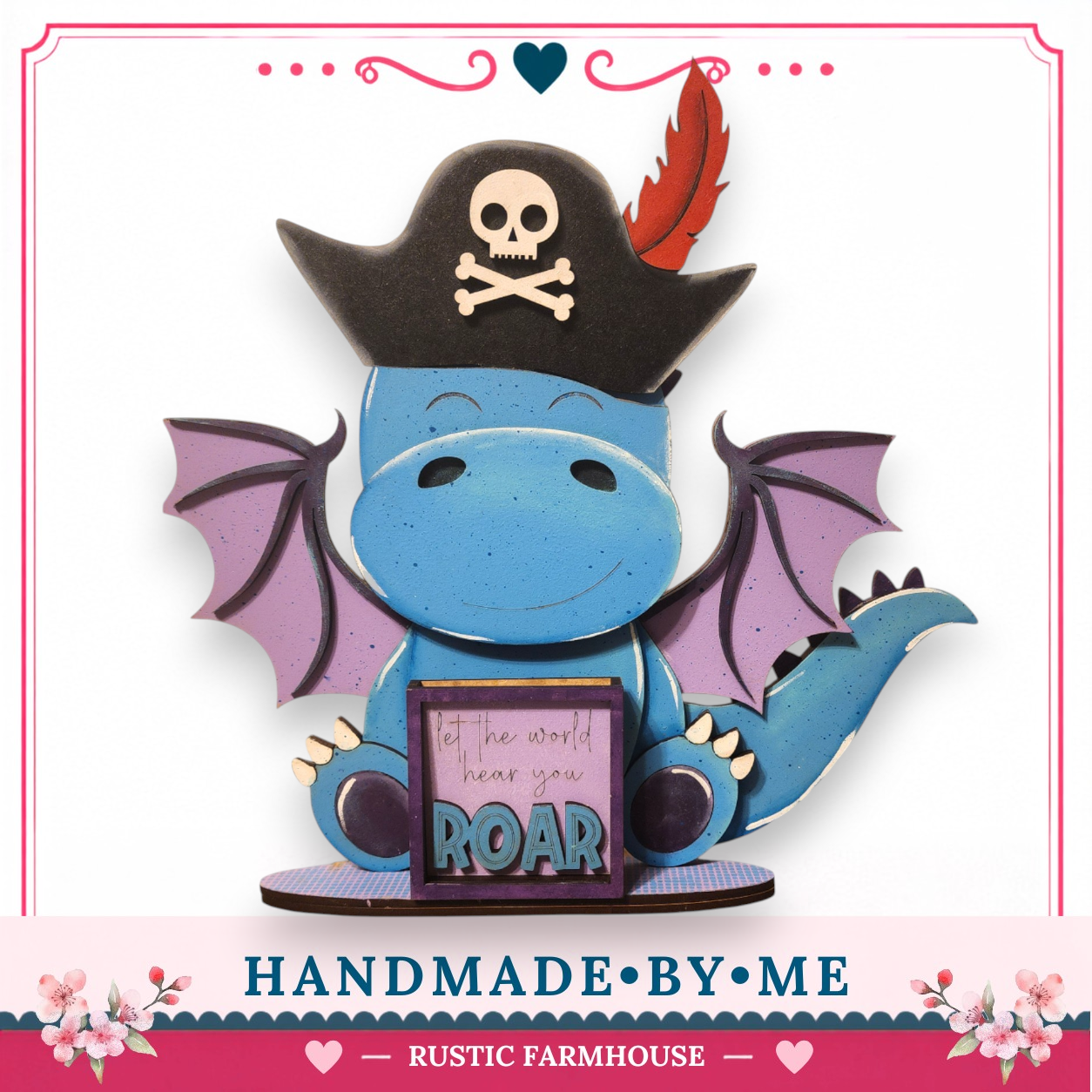 A handcrafted wooden dragon statue with a pirate hat and a sign that says "It's the world, hear you roar".