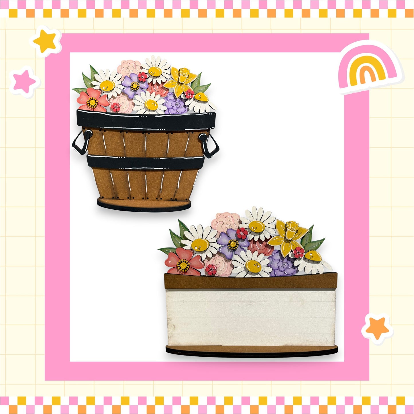 two wooden baskets filled with colorful flowers, set against a pink and yellow checkered background with stars and a rainbow.