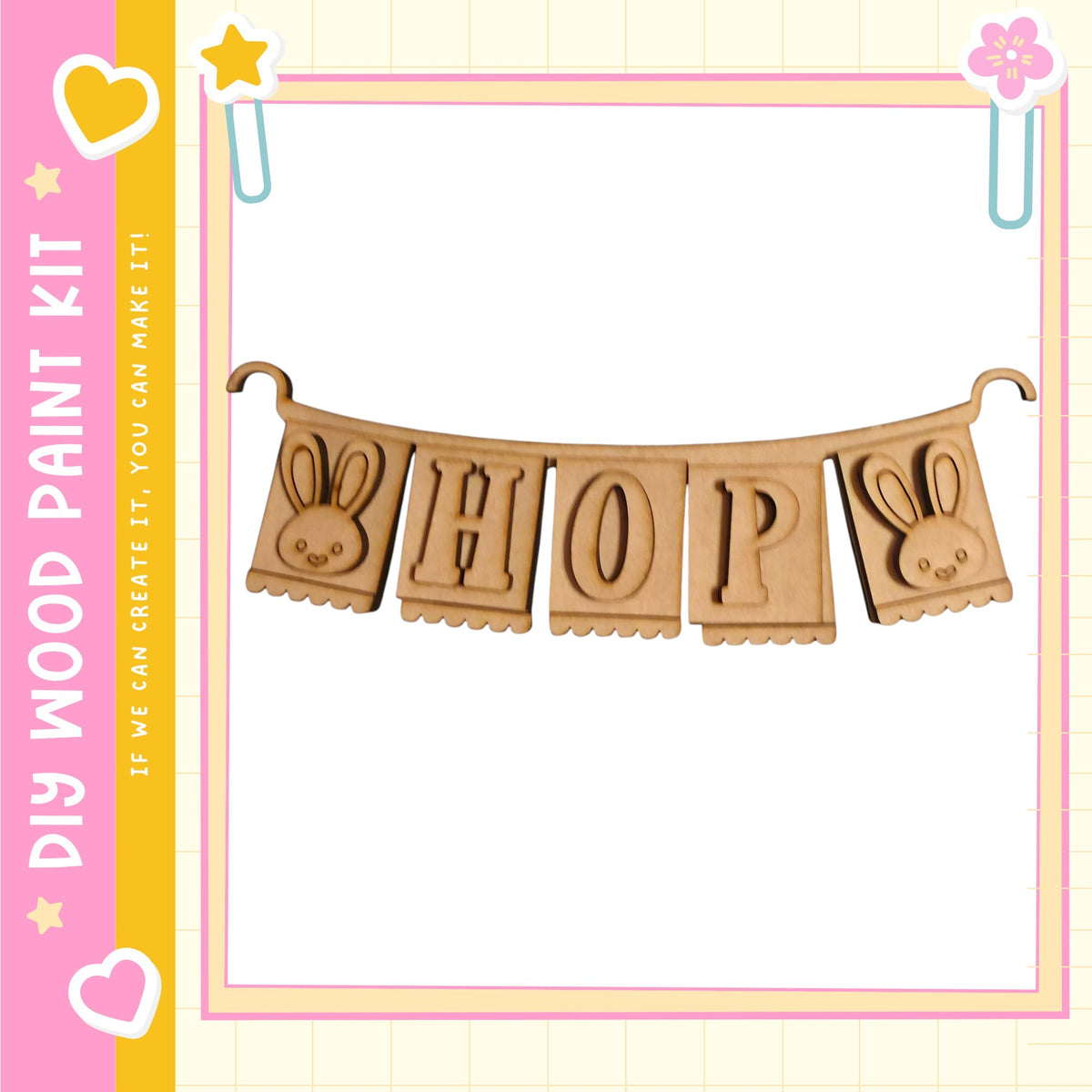 A banner made of wooden letters spelling "HOP" with two bunny ears on either side.