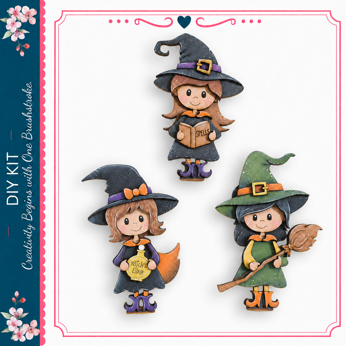 three cartoon-style witch figurines, each wearing a witch's hat and holding a broom.