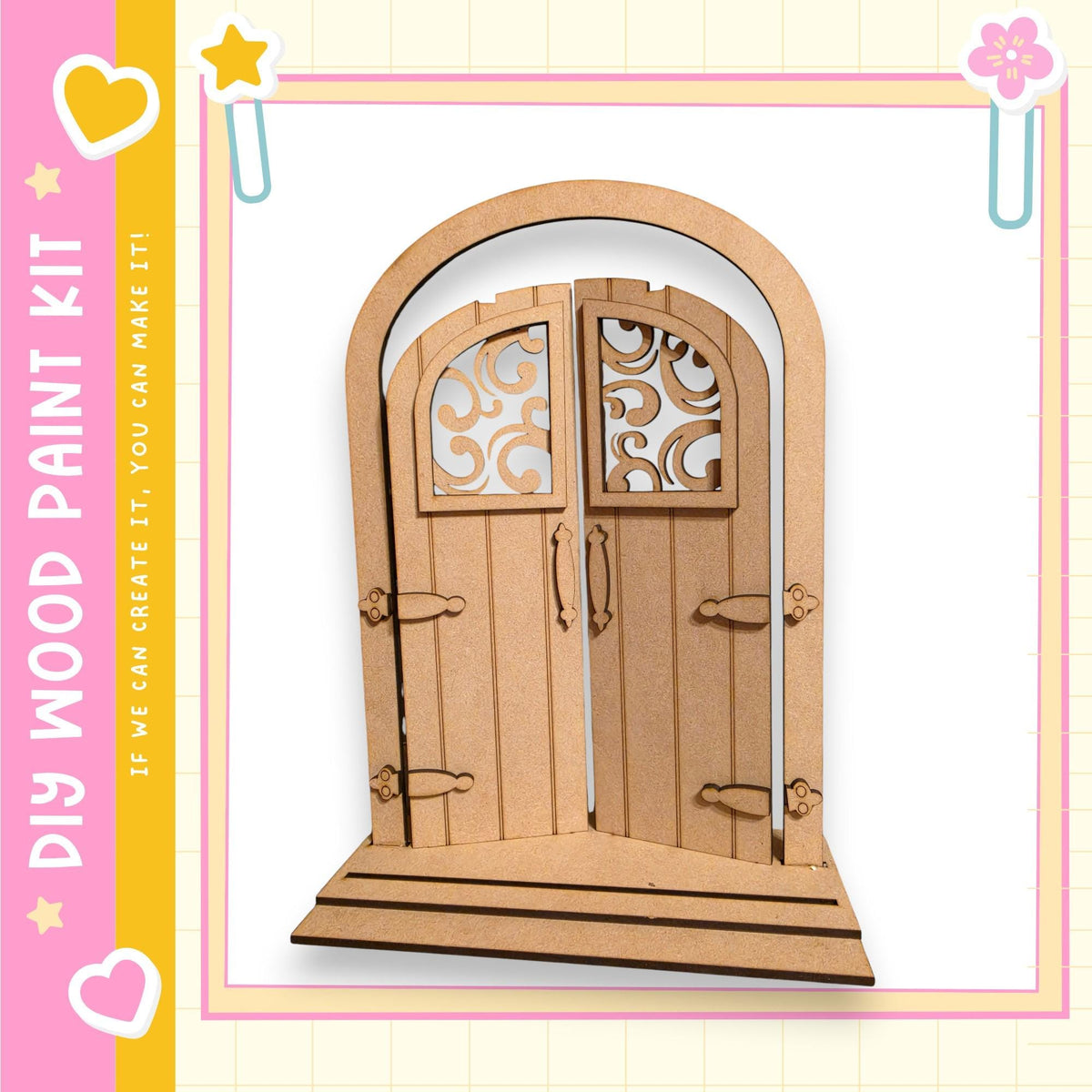 A wooden door with intricate designs, likely a part of a DIY paint kit.