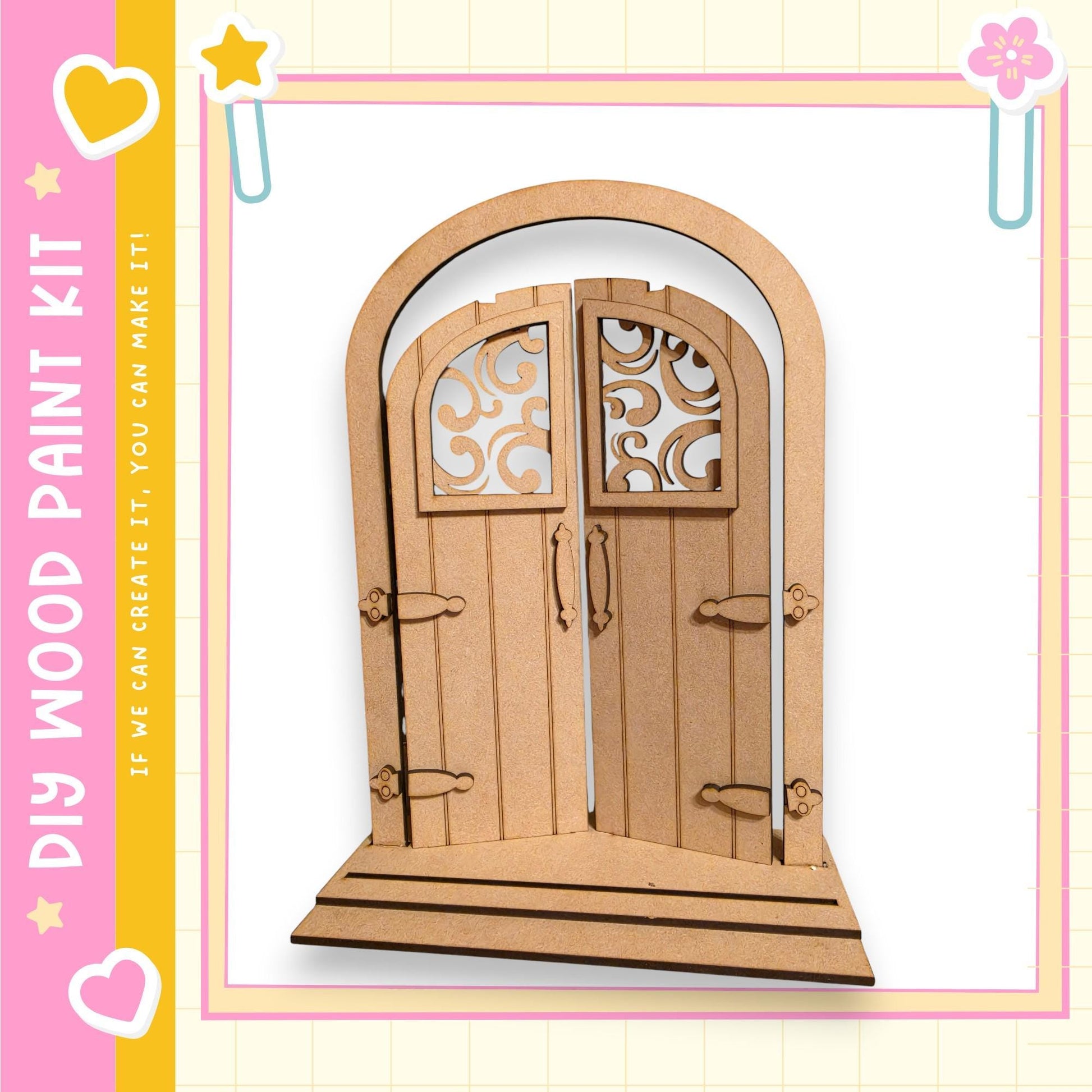A wooden door with intricate designs, likely a part of a DIY paint kit.