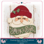 A wooden Santa Claus figure with a red hat and a green scarf with the words "Merry & Bright" written on it, set against a wooden background.