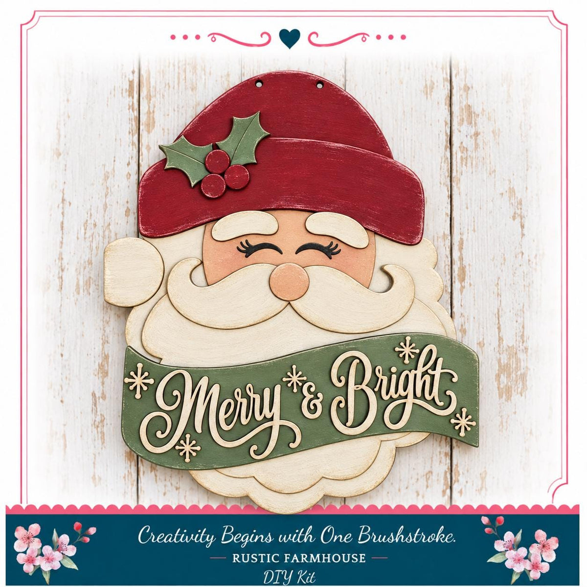 A wooden Santa Claus figure with a red hat and a green scarf with the words "Merry & Bright" written on it, set against a wooden background.
