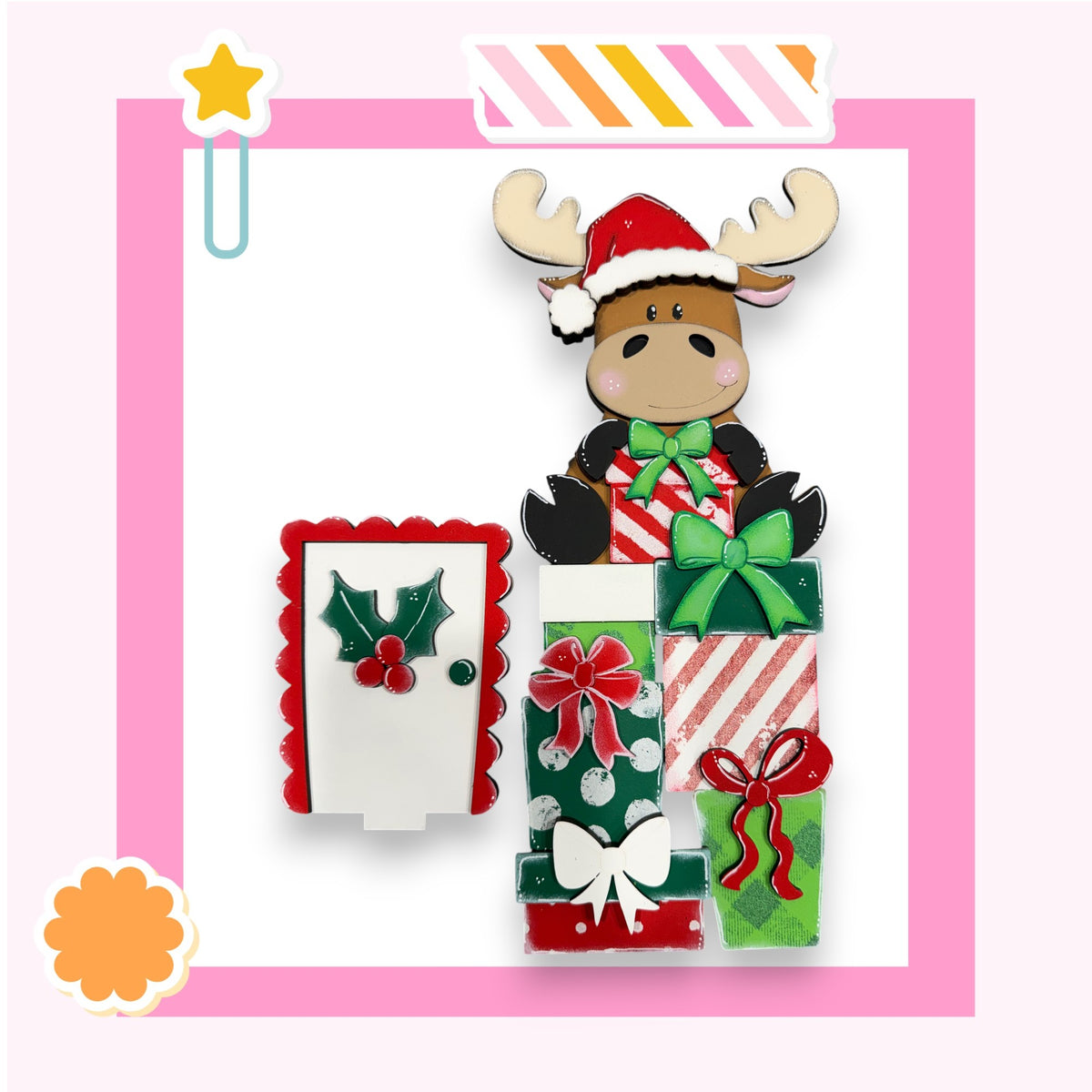 A festive Christmas scene featuring a cartoon moose wearing a Santa hat and holding a gift box, surrounded by various holiday-themed decorations and presents.