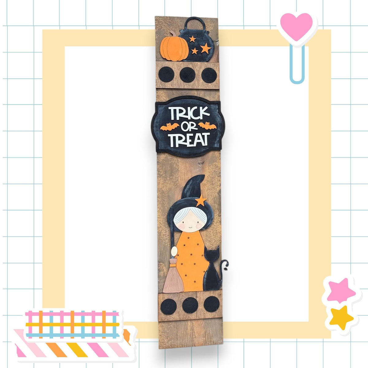 a Halloween-themed frame with a black and orange design, including a witch, pumpkin, and the text "TRICK or TREAT".