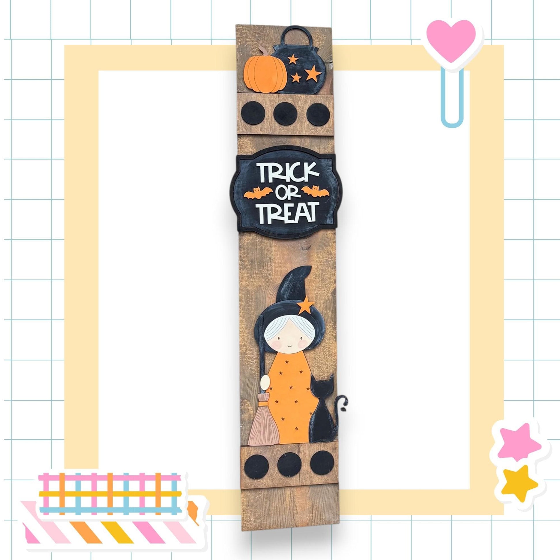 a Halloween-themed frame with a black and orange design, including a witch, pumpkin, and the text "TRICK or TREAT".