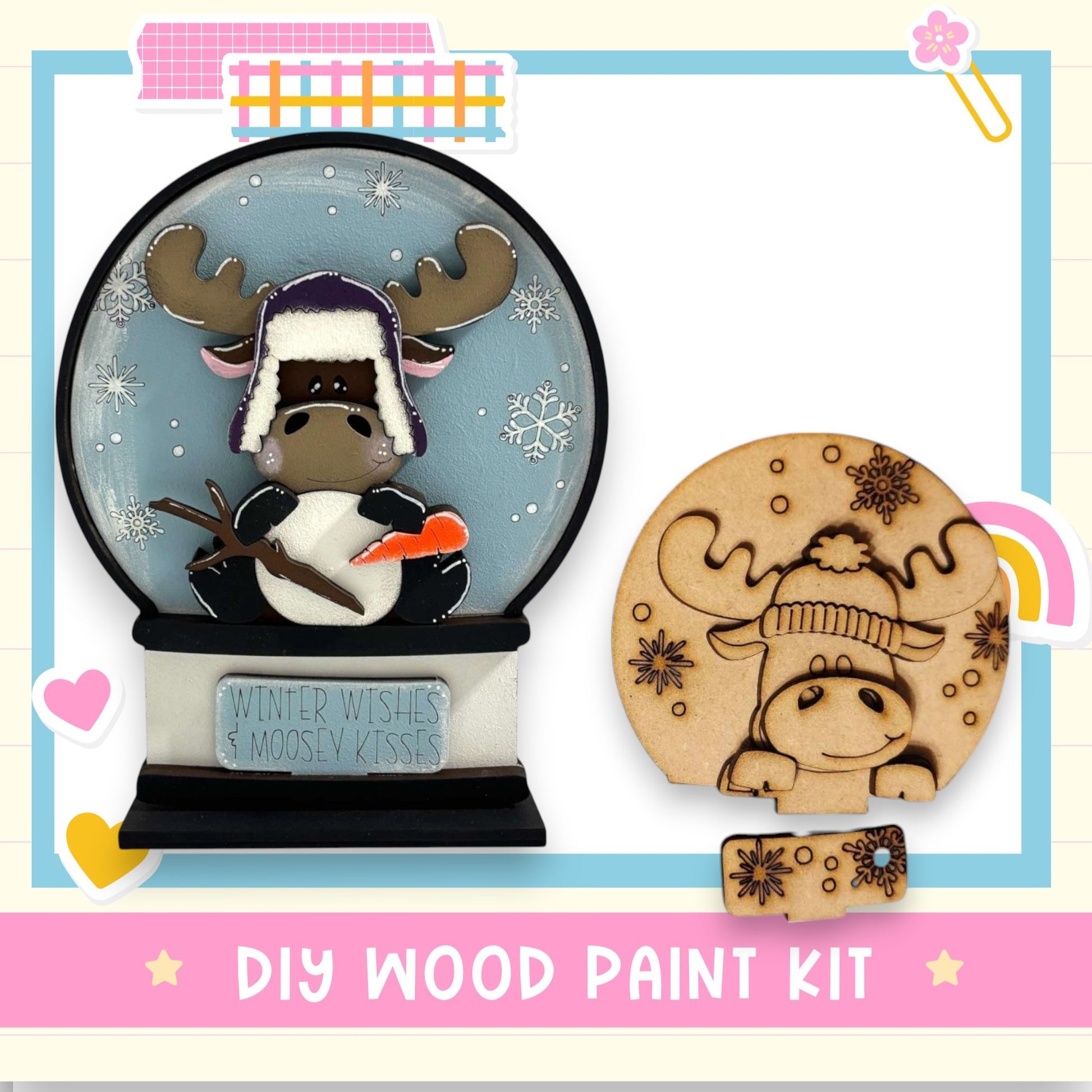 a DIY wood paint kit for creating a snow globe with moose kisses, including a snow globe with a moose and a wooden moose kisser.
