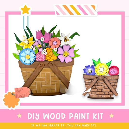 two wooden baskets filled with colorful flowers, along with a sign that says "DIY WOOD PAINT KIT" and a star-shaped decoration.