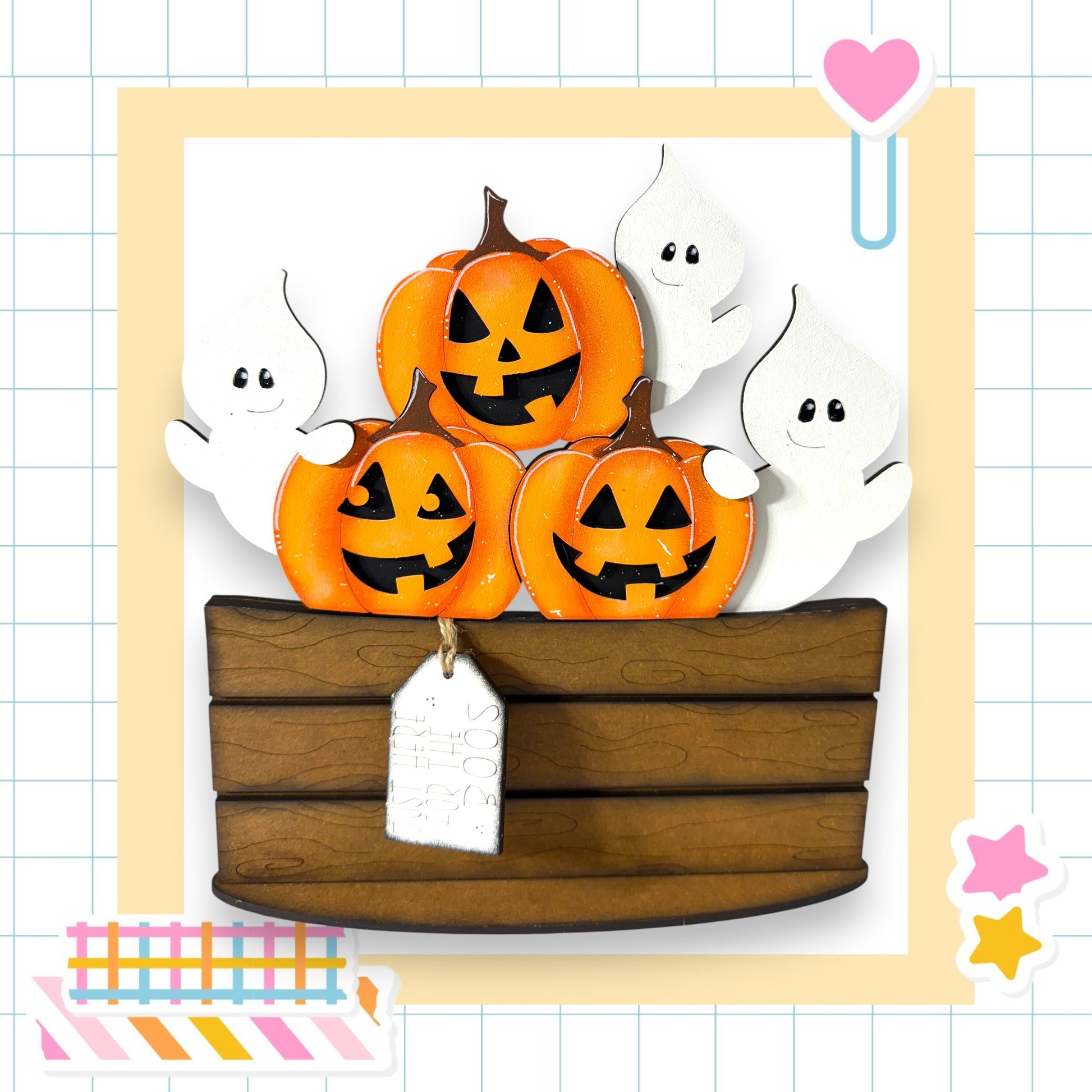 A wooden crate filled with carved jack-o'-lanterns and ghostly figures, creating a spooky Halloween scene.