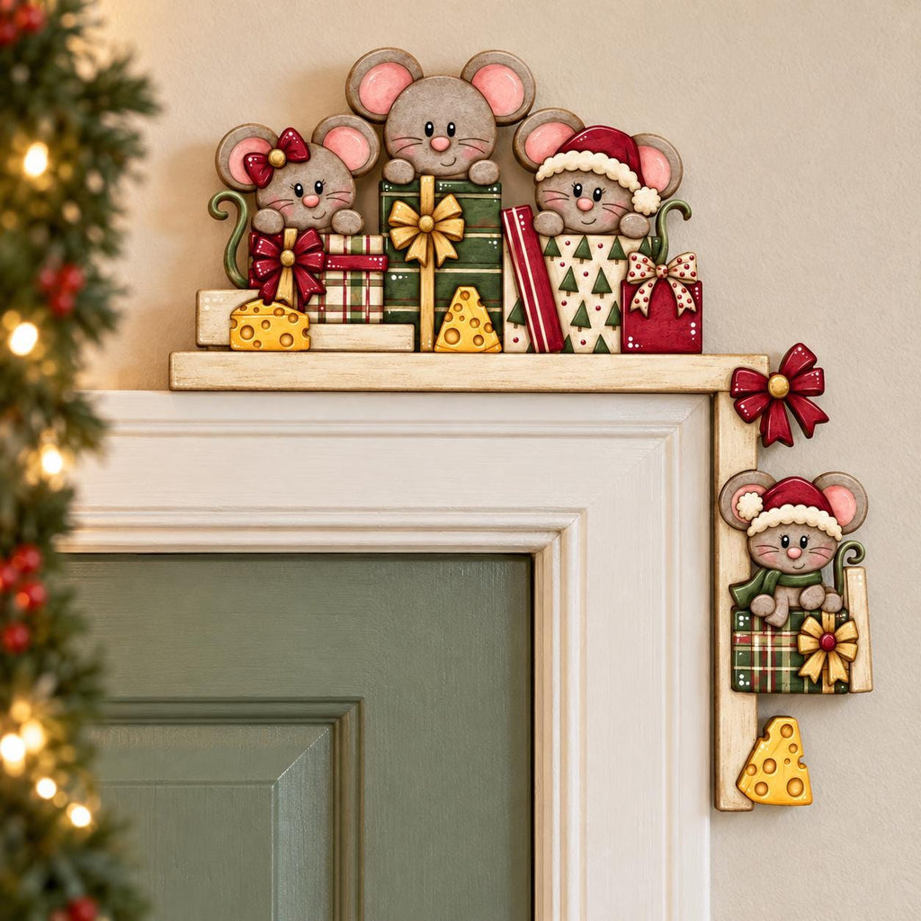 A festive holiday scene featuring a group of cartoon mice decorating a shelf with presents and cheese.