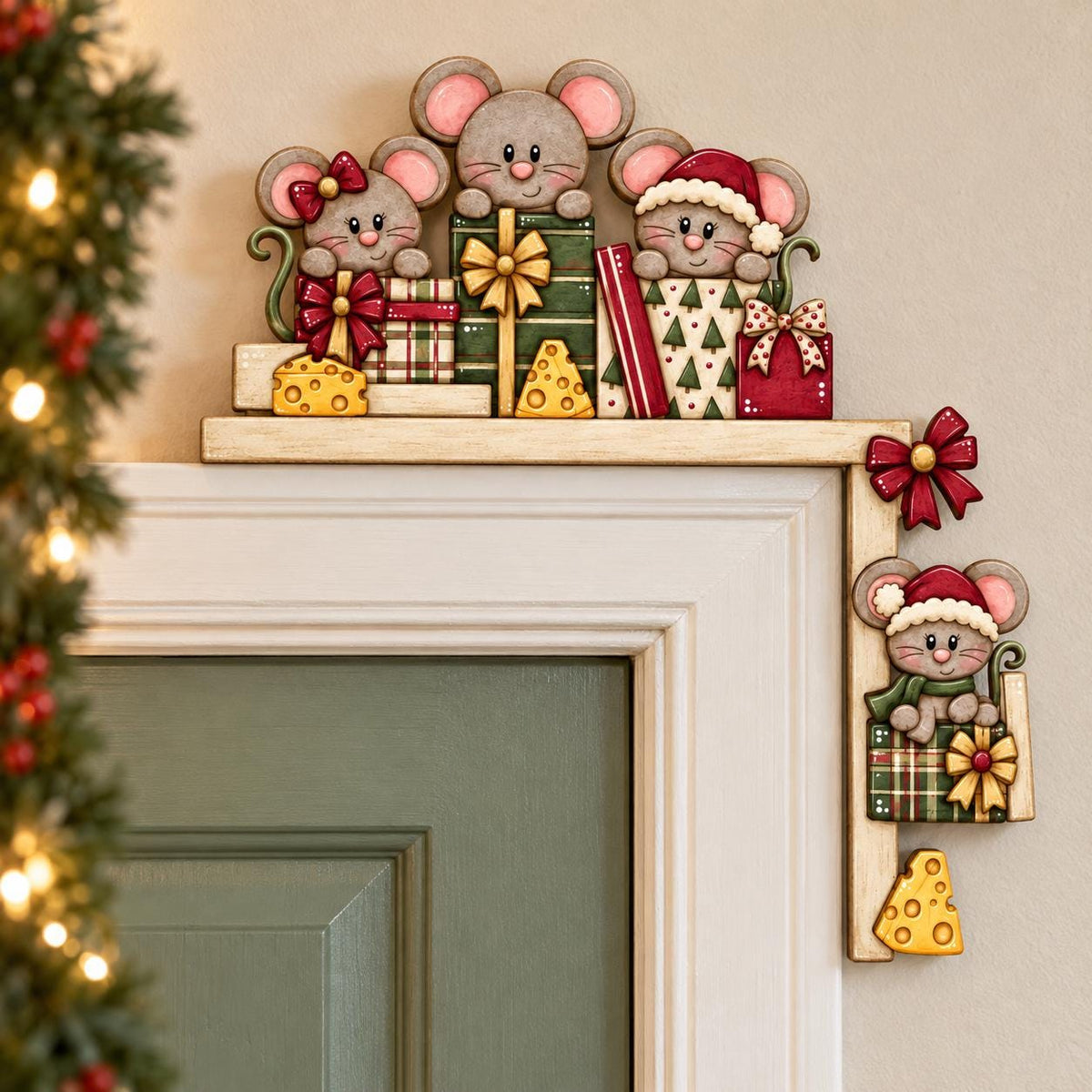 A festive holiday scene featuring a group of cartoon mice decorating a shelf with presents and cheese.