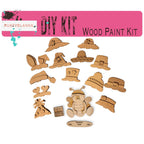 a wooden cutout of hats and other items