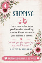 The image is a shipping label for a small business called Rustic Farmhouse. It features a pink floral border and a message about shipping.