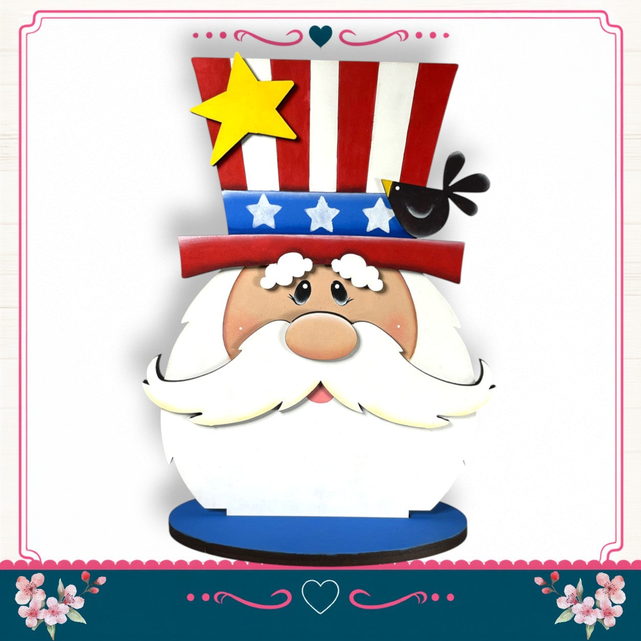 A cartoon-style Santa Claus wearing a hat with stars and stripes, a yellow star, and a black bird, set against a white background with a pink border and floral decorations.