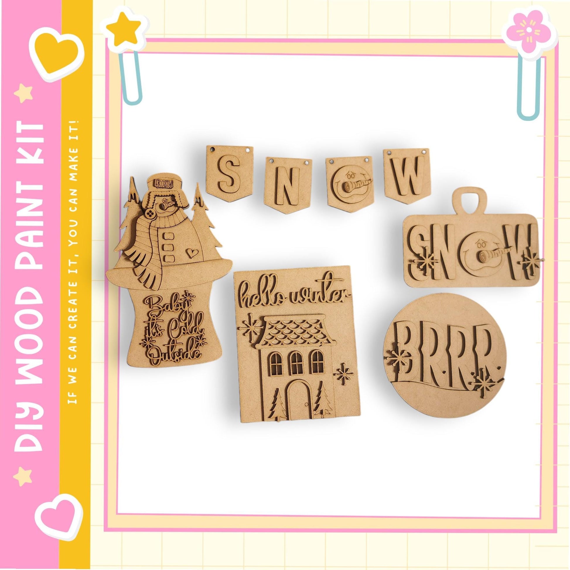 various wooden cutouts and decorations, including a snowman, a banner, and a snowflake-like design.