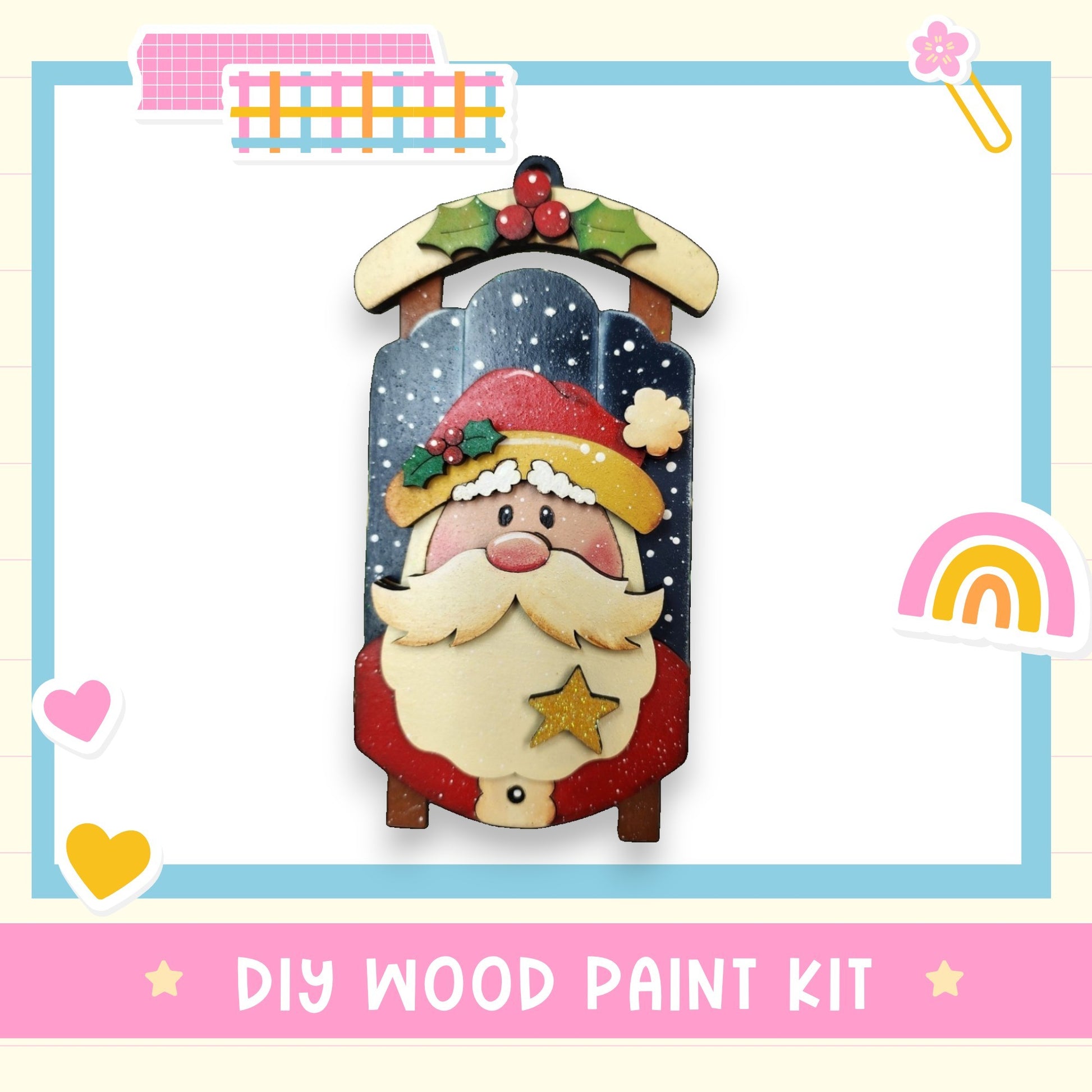 a DIY wood paint kit for creating a wooden ornament resembling a Christmas-themed character, such as Santa Claus.
