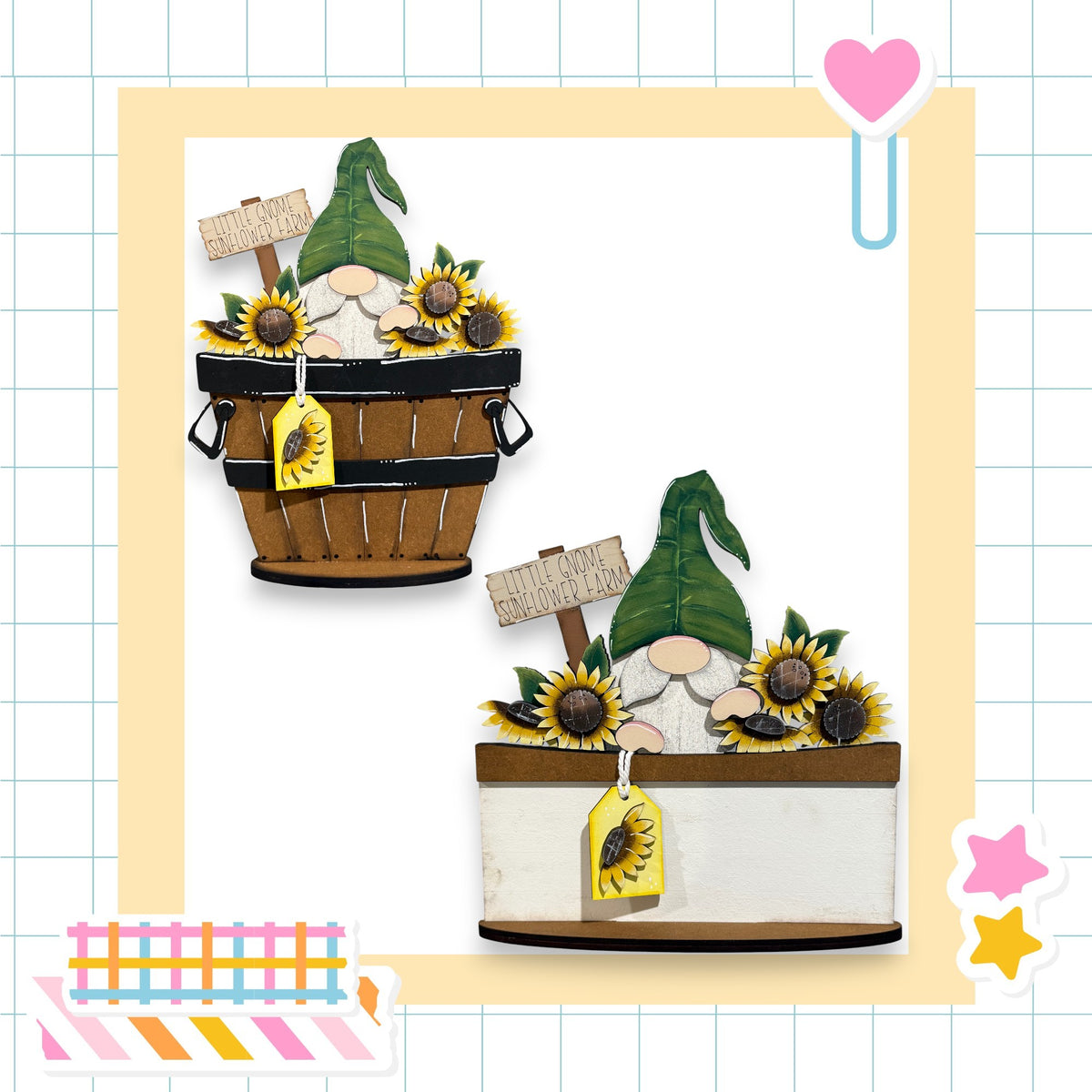 two wooden baskets filled with sunflowers, each adorned with a gnome figurine and a sign that reads "Little Gnome Garden".