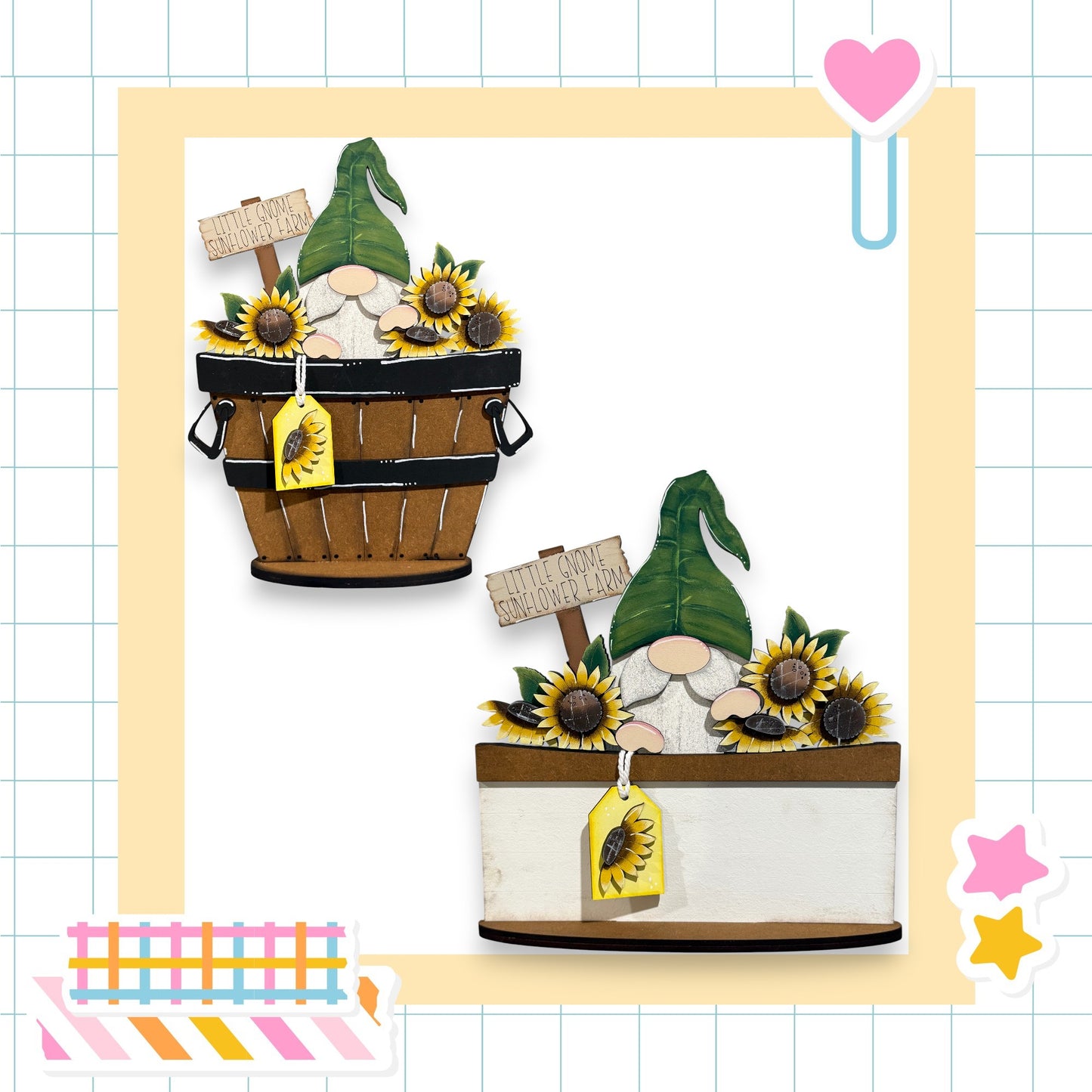 two wooden baskets filled with sunflowers, each adorned with a gnome figurine and a sign that reads "Little Gnome Garden".