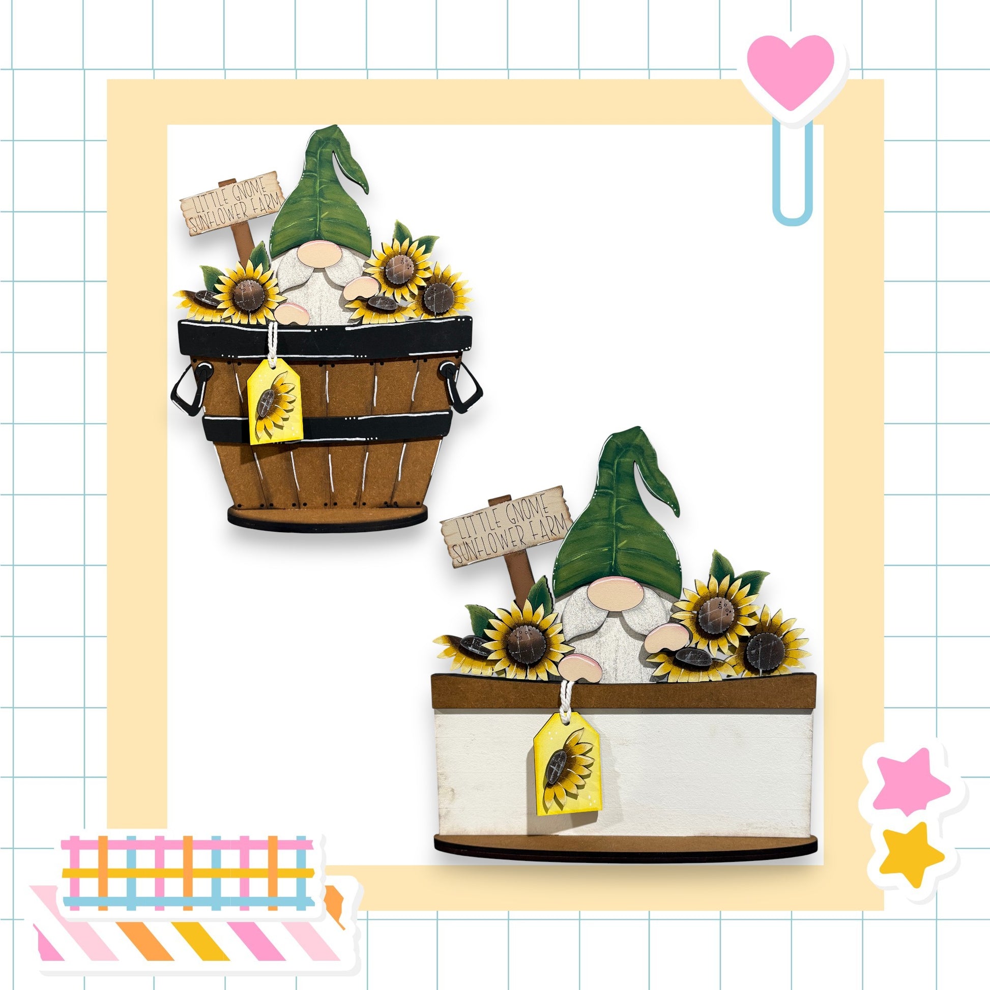 two wooden baskets filled with sunflowers, each adorned with a gnome figurine and a sign that reads "Little Gnome Garden".