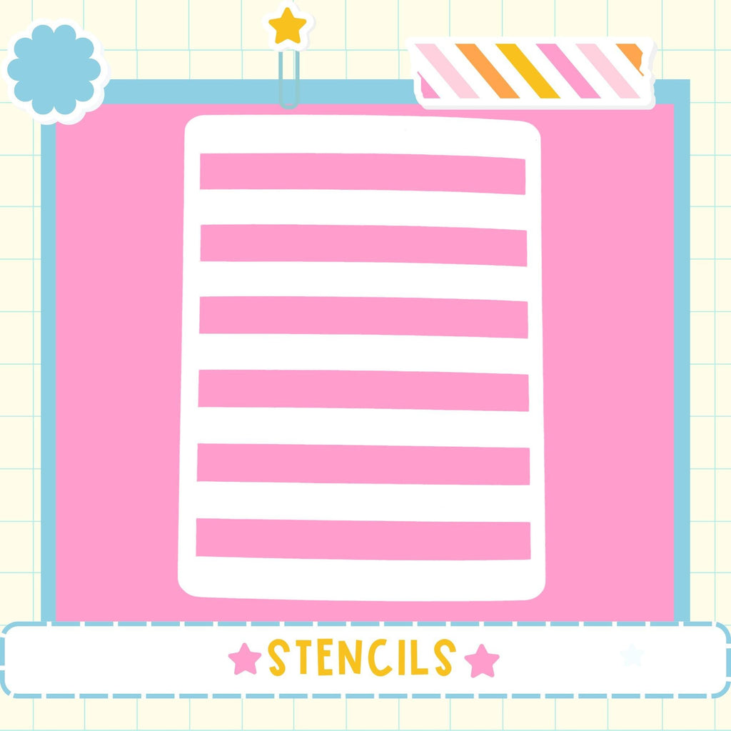 The image is a pink square with a white vertical line pattern, and the word "STENCILS" is written below it.