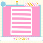 The image is a pink square with a white vertical line pattern, and the word "STENCILS" is written below it.