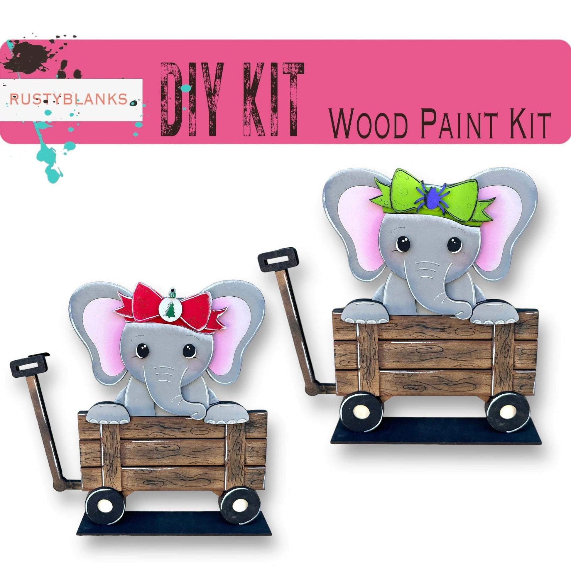 a couple of elephants riding on top of a wooden cart