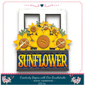 The image is a DIY kit for creating a rustic farmhouse-style sign with a sunflower design. The kit includes a wooden frame with a sunflower design and the word "SUNFLOWER" written on it. The kit also includes a decorative button and a floral border, which can be used to enhance the overall appearance of the sign.