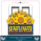 The image is a DIY kit for creating a rustic farmhouse-style sign with a sunflower design. The kit includes a wooden frame with a sunflower design and the word "SUNFLOWER" written on it. The kit also includes a decorative button and a floral border, which can be used to enhance the overall appearance of the sign.