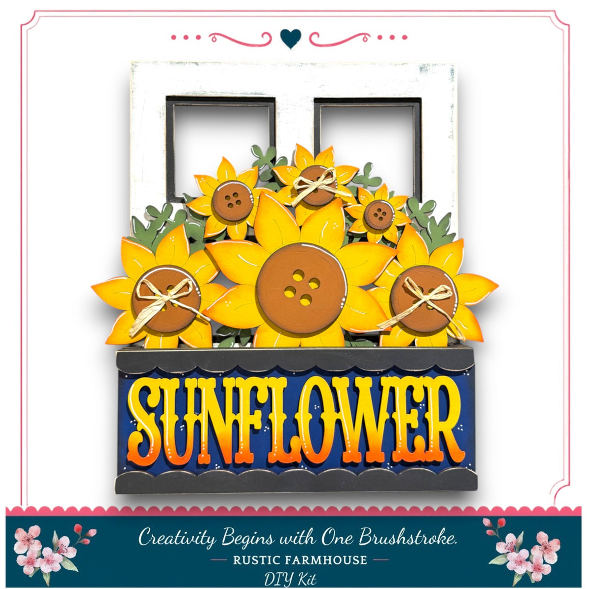 The image is a DIY kit for creating a rustic farmhouse-style sign with a sunflower design. The kit includes a wooden frame with a sunflower design and the word "SUNFLOWER" written on it. The kit also includes a decorative button and a floral border, which can be used to enhance the overall appearance of the sign.