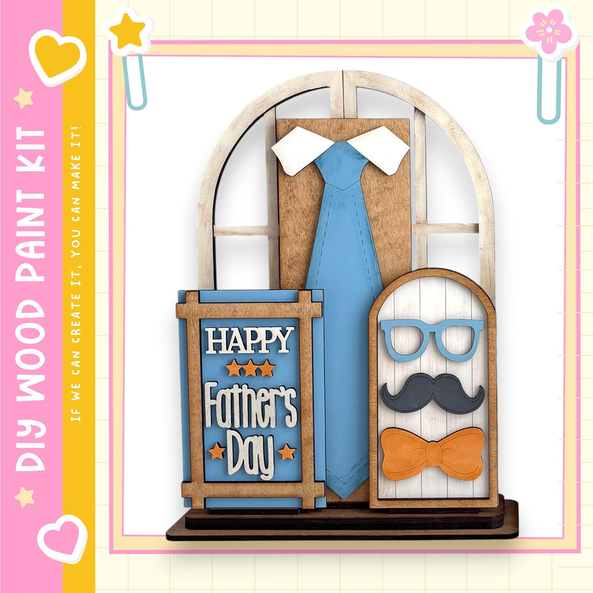 A Father's Day-themed display featuring a blue tie, a pair of glasses, and a bow tie, along with a sign that reads "Happy Father's Day".