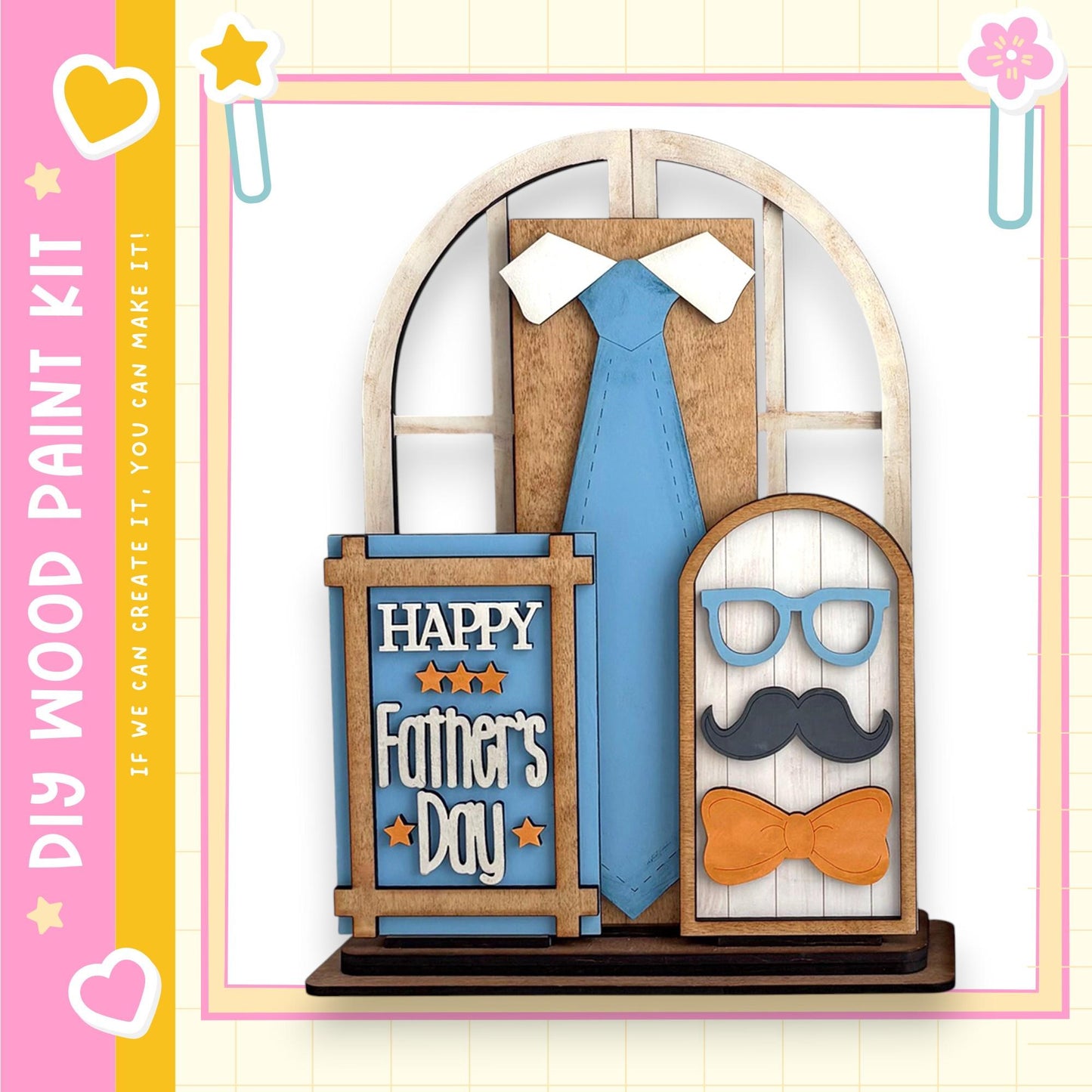 A Father's Day-themed display featuring a blue tie, a pair of glasses, and a bow tie, along with a sign that reads "Happy Father's Day".