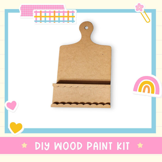 a DIY wood paint kit, including a wooden paint tray and a wooden paint brush holder.