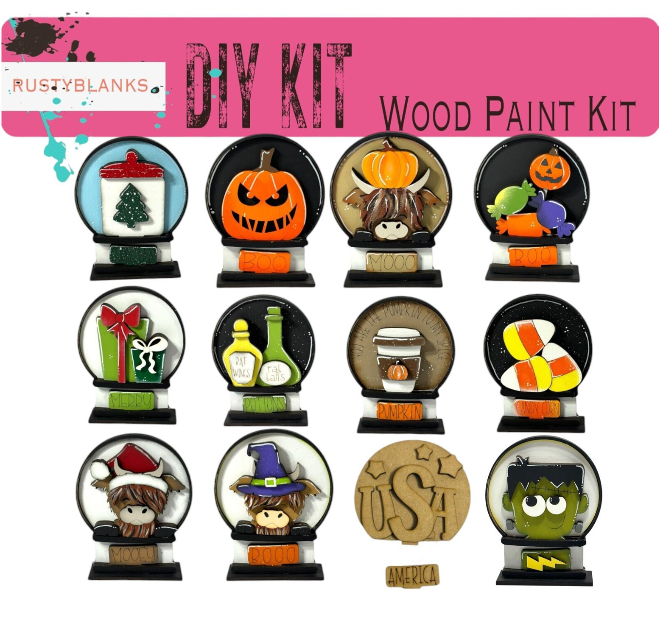 a collection of wooden painted halloween decorations