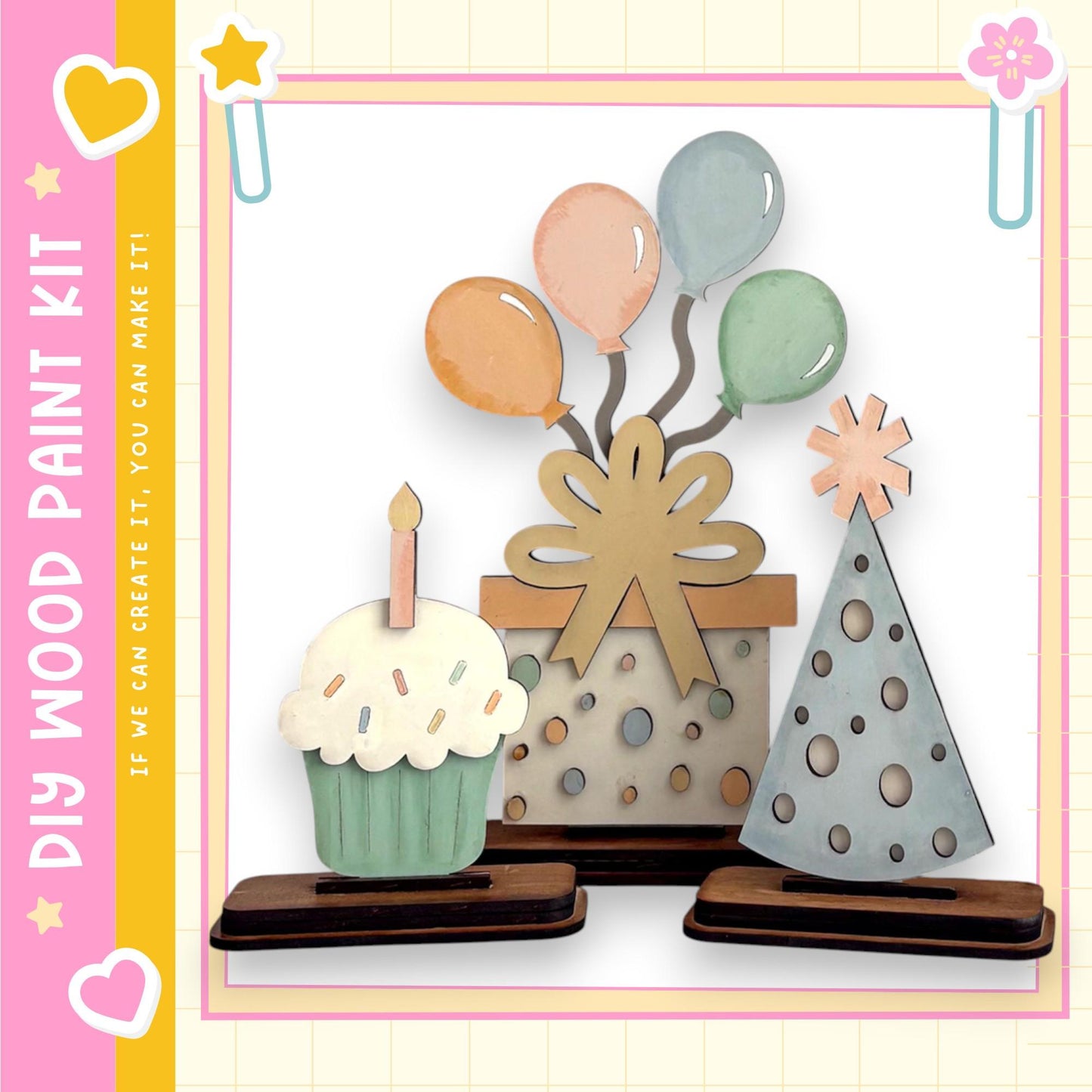a birthday cake with a single lit candle, a gift box, and a party hat, all set against a pink and yellow background with decorative elements.